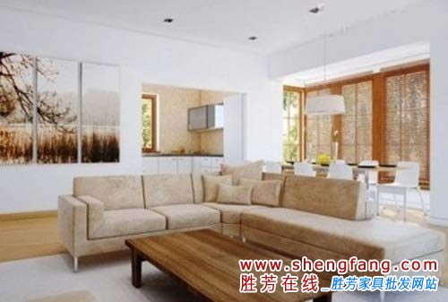 整体空间以白色以及米色为空间的主色调。白色的墙面以及天花板，奠定了空间纯净自然的基调。米色的沙发搭配橡木色的木质地板和茶几，更为空间提供了清爽悠然的感觉。