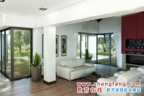 客厅中的大部分区域，以玻璃的落地窗作为墙体。玻璃，使室外的自然景观在室内得以充分彰显，同时，也使空间的采光效果尤为突出。白色家具以及盆栽的搭配，令空间清爽自然。