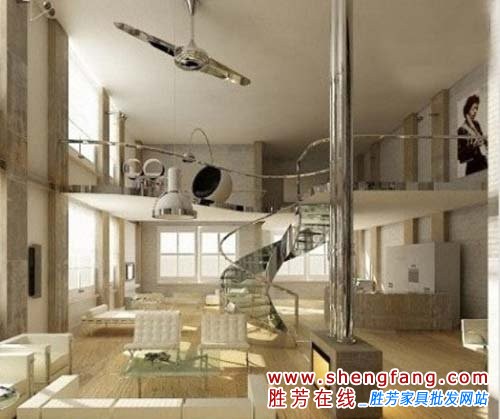 泛着金属光泽的吊扇、复古的吊灯以及原木的地板，令整体空间充满了复古的感觉，同时也颇为的原生态。清一色的米白色家装，也为空间提供了古朴典雅的韵味。