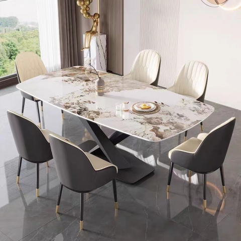 轻奢亮光岩板餐桌现代简约意式家用小户型星空黑碳素钢长方形饭桌