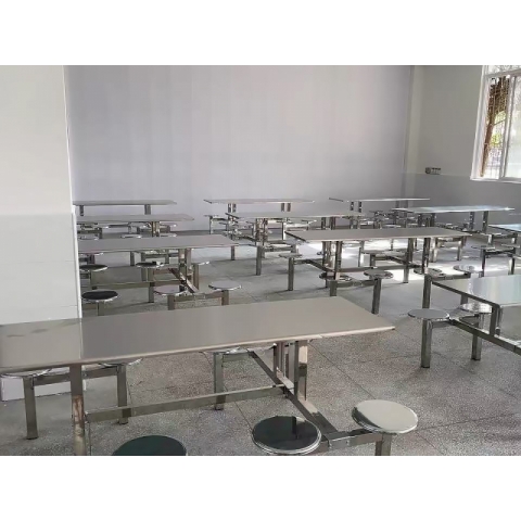 胜芳连体餐桌椅批发 食堂餐桌 食堂连体桌椅 快餐桌椅 四腿连体桌 四连体 学生餐桌椅 万拓家具