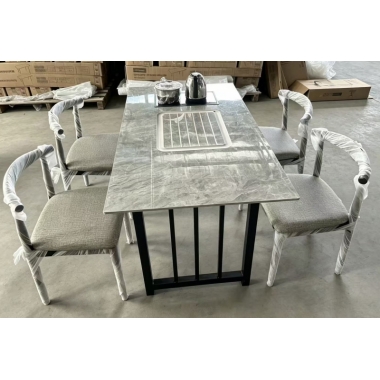 胜芳茶桌批发 意式 现代 简约 轻奢 岩板茶台 家用办公室茶桌 组合一桌五椅功夫茶桌 梓萌家具